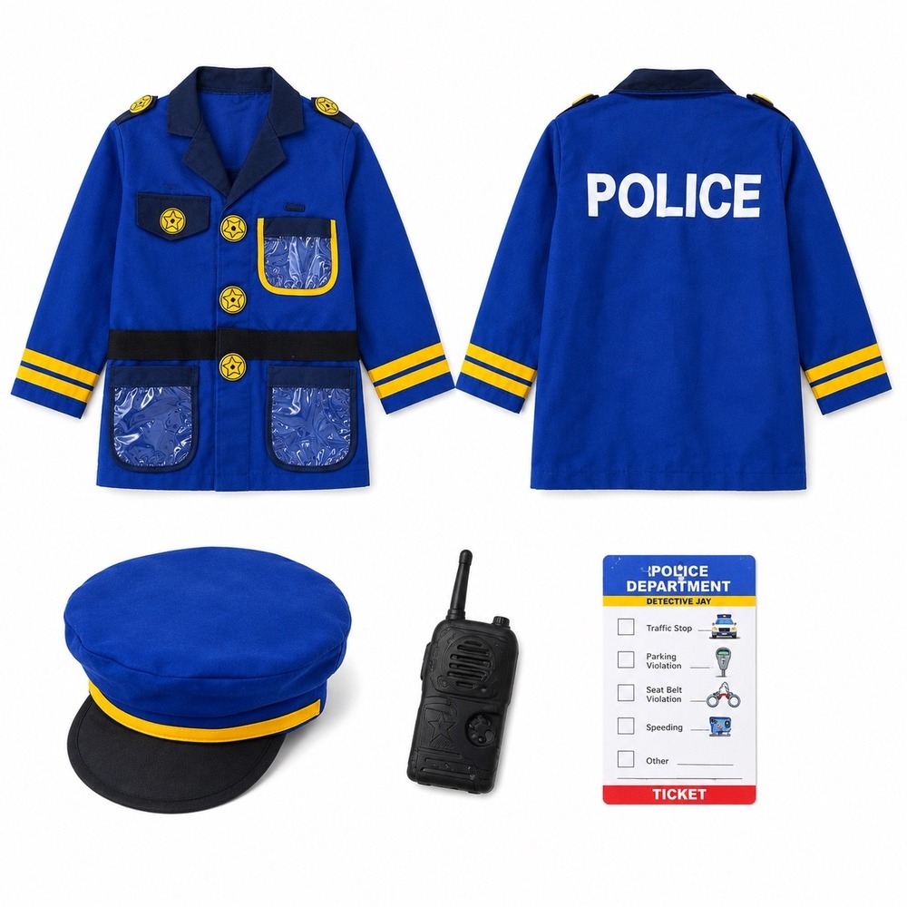 Kids Police Officer Costume Set Blue Uniform Jacket Hat Walkie Talkie Ticket